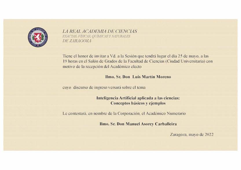 Luis Martín Moreno, Académico electo de la Real Academia de Ciencias Exactas, Físicas, Químicas y Naturales de Zaragoza